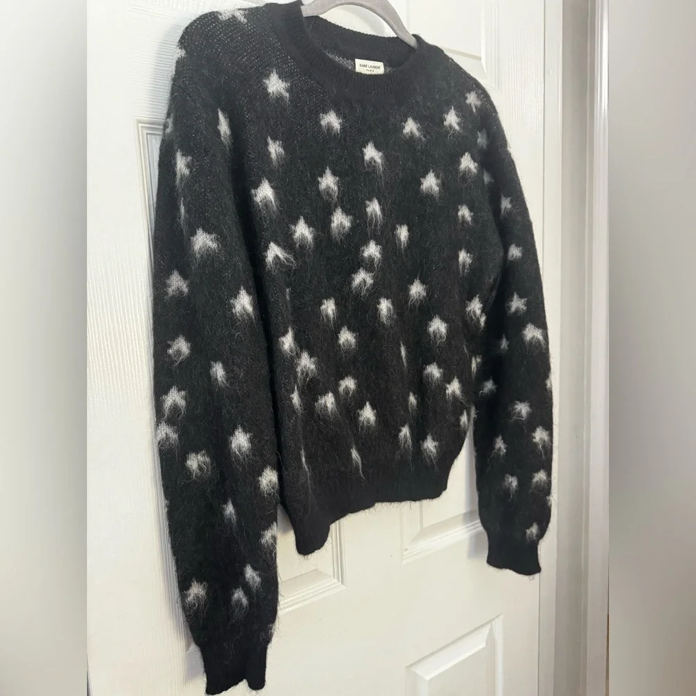 SAINT LAURENT Size M Star Print Mohair Wool Blend Sweater Black Gray Stars - Picture 3 of 7